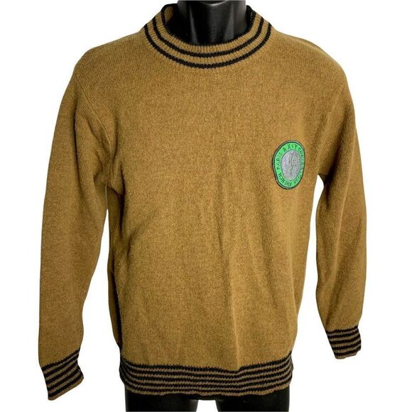 XY Corp Wool Pullover Sweater S Brown Long Sleeve Embroidered Patch High Neck - Picture 1 of 7
